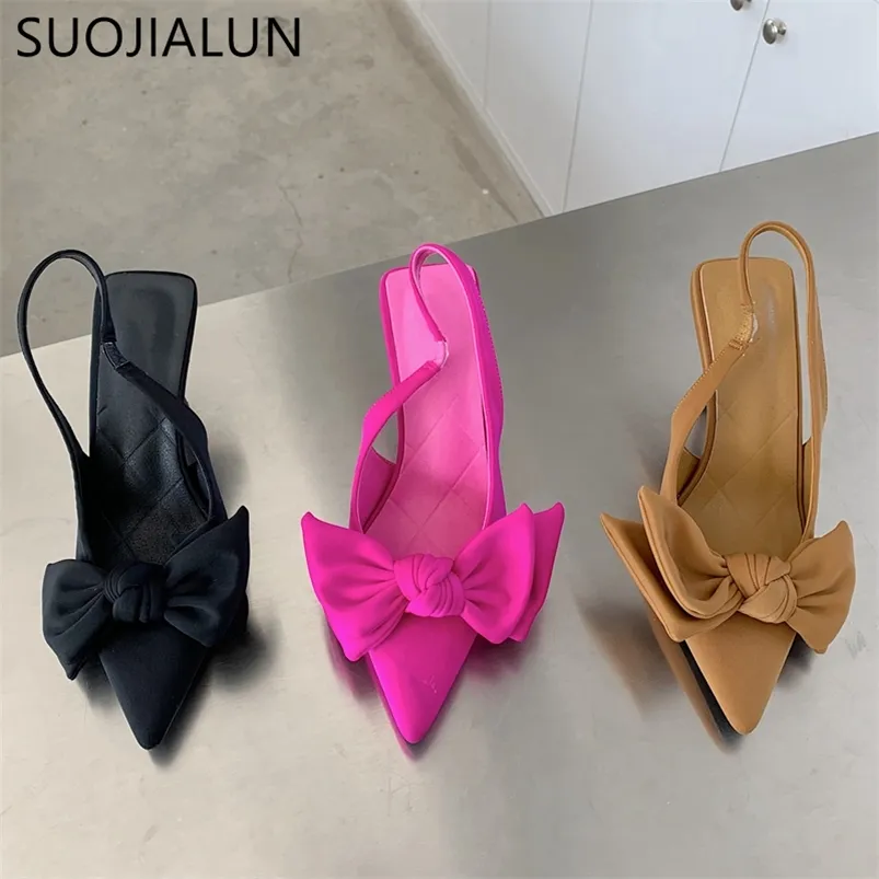 SUOJIALUN Summer Women Slingback Sandals Shoes Fashion Bowknot Pointed Toe Slip On Ladies Elegant Dress Pumps Shoes 220610