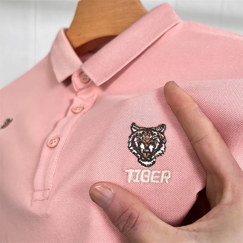 Yüksek kaliteli moda markası Tiger Head işlemeli polo gömlek erkekler kısa kollu tişört yaz yaka yarı yakışıklı üst 220504
