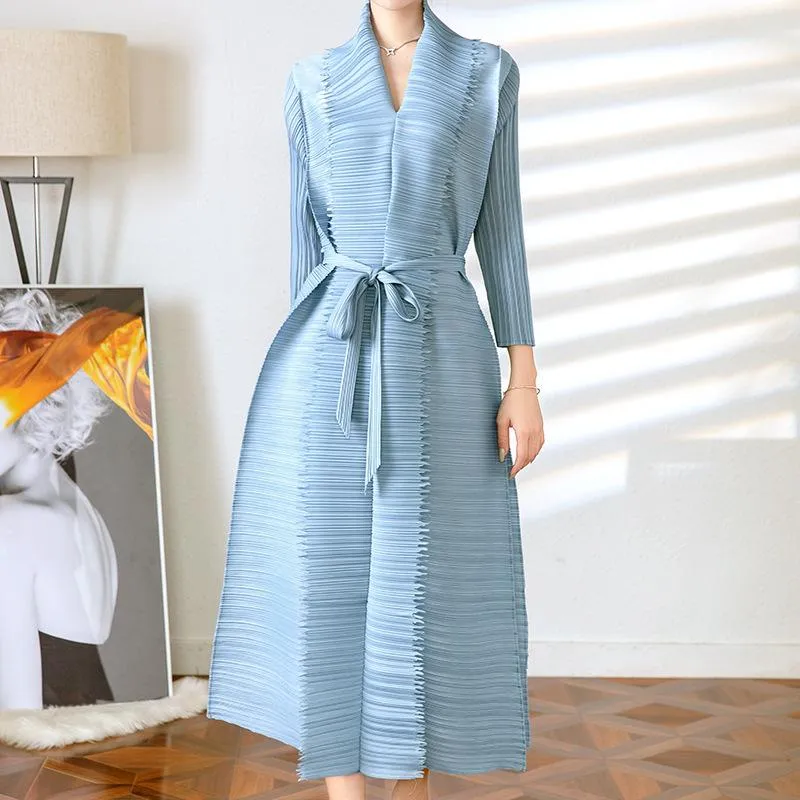 캐주얼 드레스 Miyake Pleated Dress for Women 2022 Spring Lace-Up Loose Fashion 고급 기질 프랑스 전사 de mujercasual