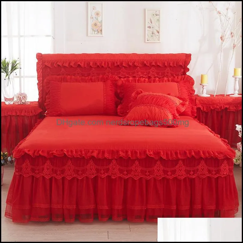 Beige Princess Lace Bedspread Bed Skirt 3pcs/set Ruffles bedding Bed sheet Cotton Pillowcase Home Decorative Twin/Queen/King Size 358