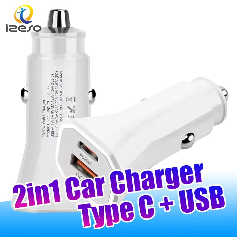För iPhone 13 Samsung S22 Smart Huawei Car Charger Snabbladdning USB C 20W Typ C PD Chargers Wholesale Izeso