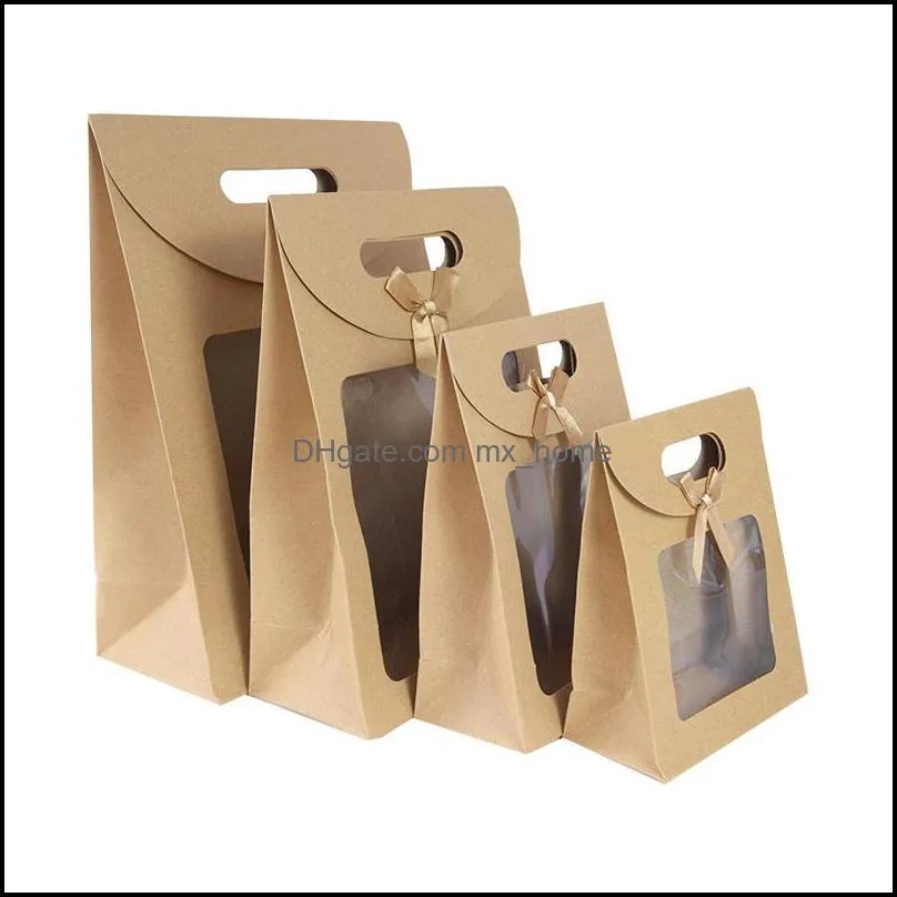 Gift Wrap 2pcs Clear Window Kraft Paper Bags For Packing Food Candy Cookie Popcorn Bag XMAS Wedding Birthday Party Packaging Supplies