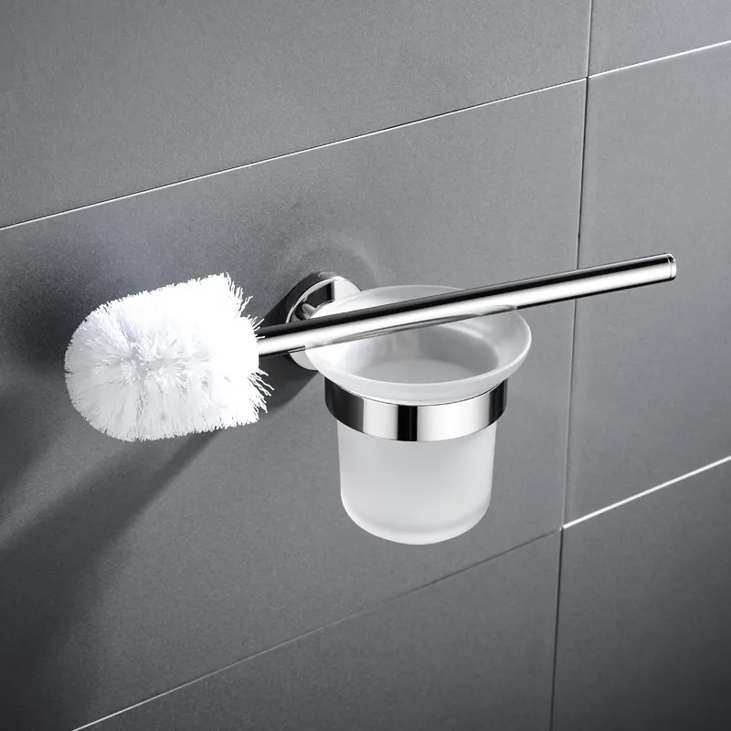 Toilet Brush Holder Set Wall Mounted Stainless Steel Frosted Glass Bathroom Accessories Silver Color Y200407