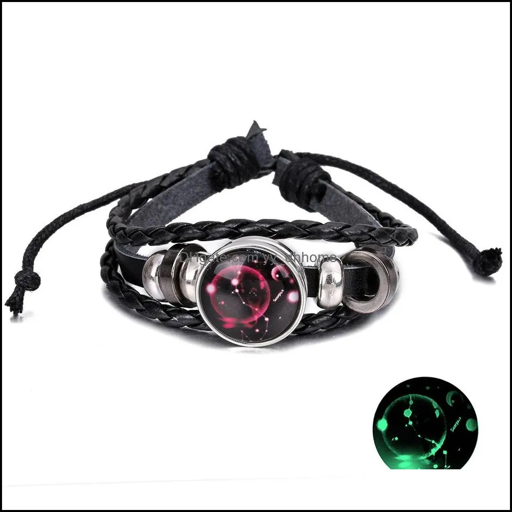 New Arrival 12 Constellations Luminous Bracelet Punk Black Leather Zodiac Bracelets Alloy Bead Snap Buttons Charm Jewelry For Women And