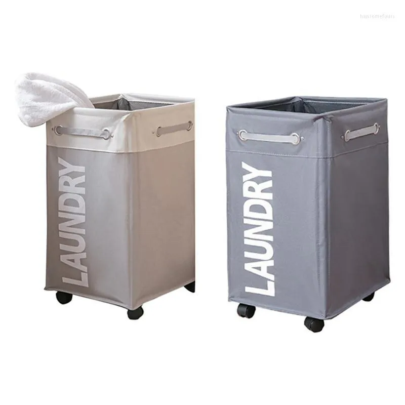 2x Wäschekorb für schmutzige Kleidung, faltbare Aufbewahrung mit Rädern, hellgraue Taschen