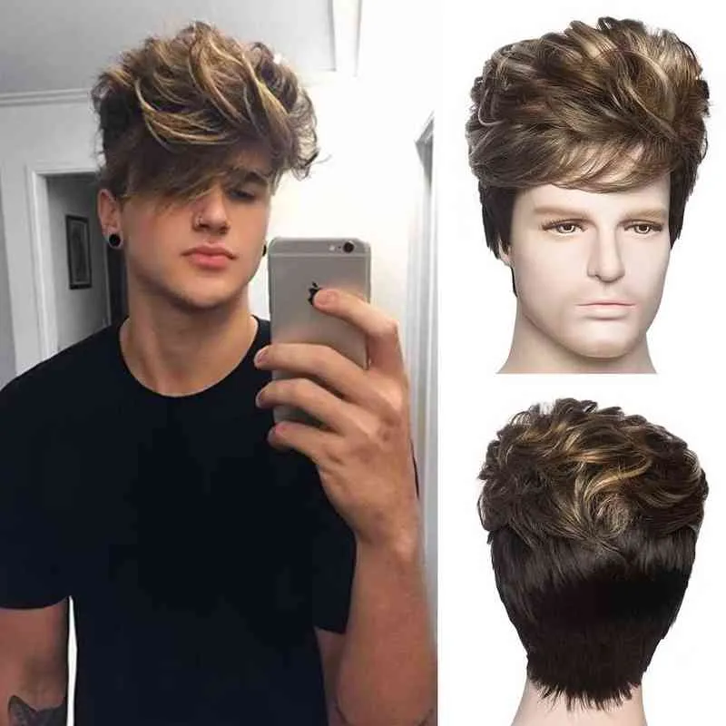 Men Hair Synthetic Guruilagu Short's Wig Smooth Natural S voor rechte mannelijke zwarte ombre grijze pixie Cut S 0527