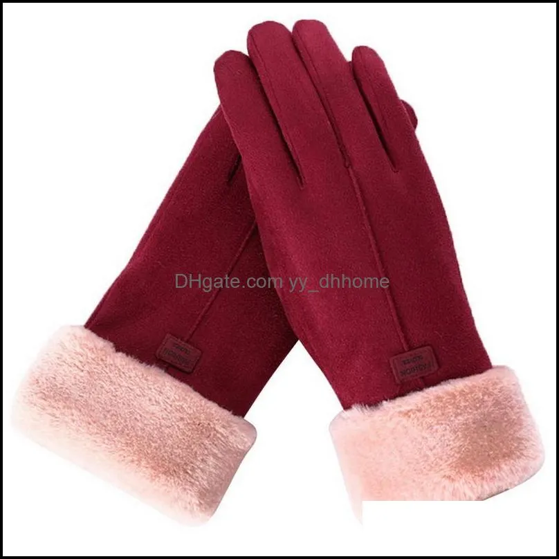 Five Fingers Gloves Women Winter Warm Windproof Full Finger Touch Screen Furry Suede Mittens For Driving Riding Outdoor Sports