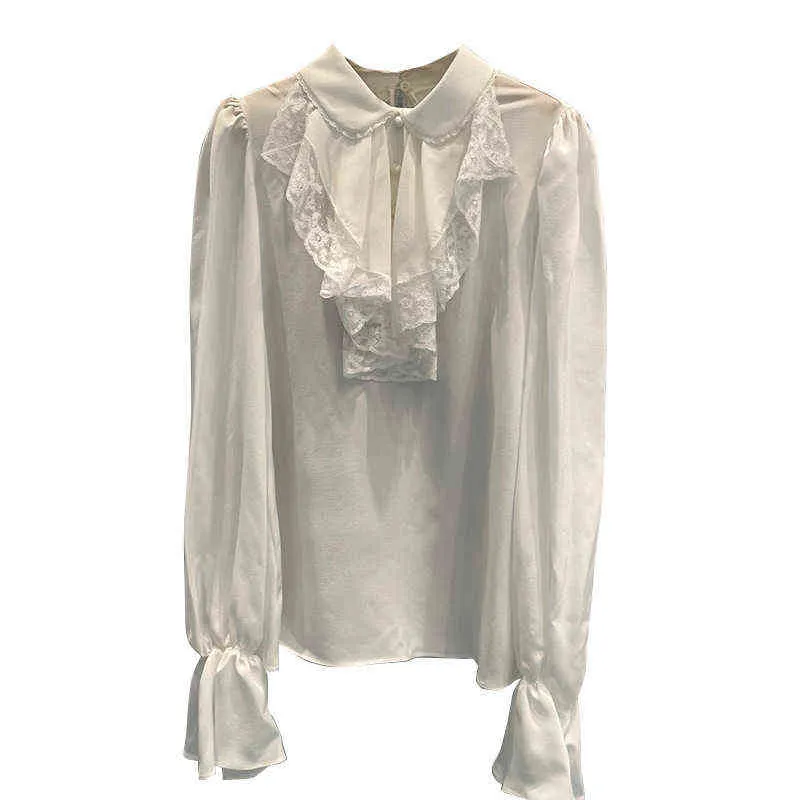 MIU Home White Chiffon Shirt Lace Splicing Splicing Sleeved Shirt Sleeve Top Top Feminino 2022 No início do outono Novo