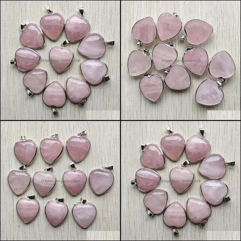 trendy natural rose quartz stone charms silver sided heart pendants 25mm for necklaces jewelry making carshop2006