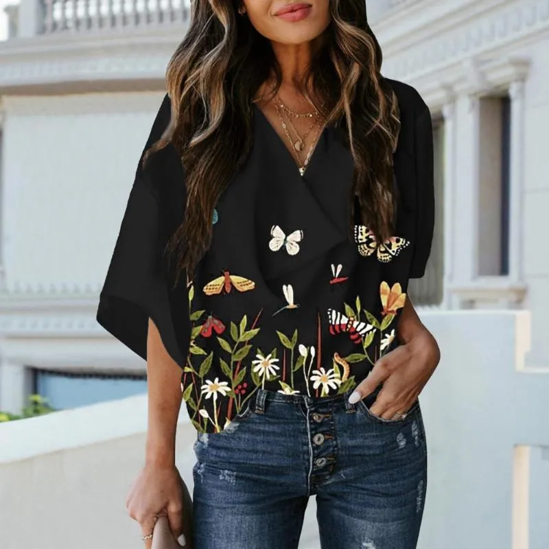 Women's Blouses & Shirts Summer Lady Shirt V-neck Half Sleeve Loose Fit 3D Cutting Women Chiffon Blouse Feather Print Draped Female Top Stre