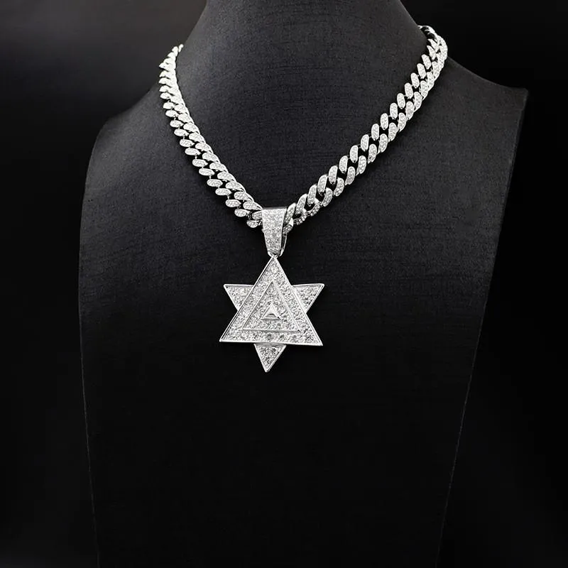 Hänge halsband Hip Hop Zircon Star of David Necklace med bredd 13 mm Iced Out Cuban Chain Men Women Jewish Amulet Jewelrypendant