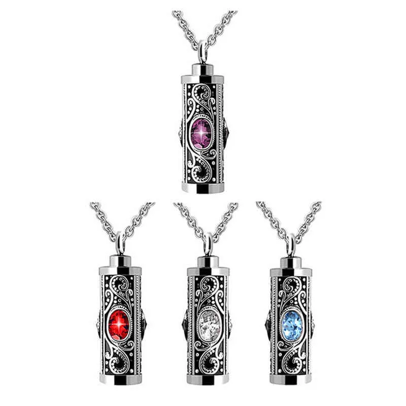 Crystal Stainless Steel Cylinder Cremation Urn Ashes Pendant Necklace Birthstone Memorial Jewelry For Human Dropshipping Y220523