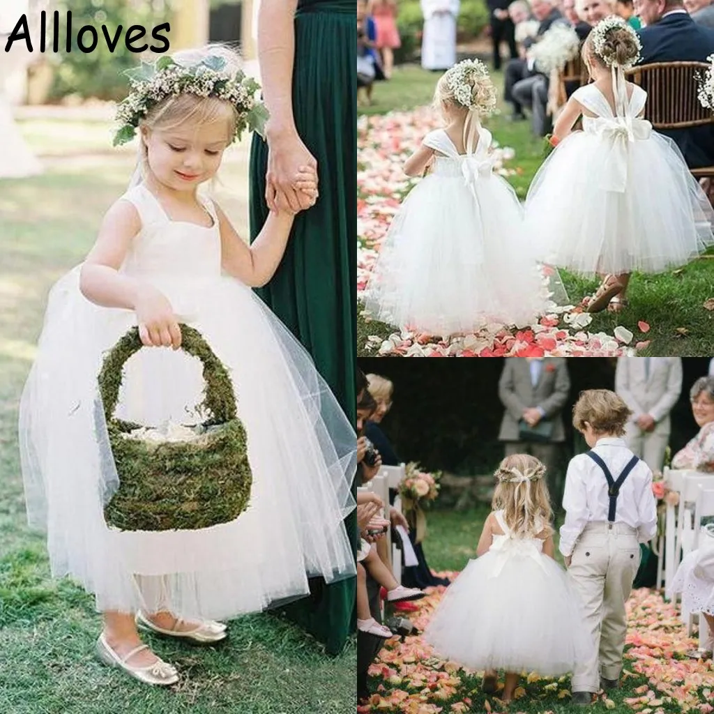 White Ball Gown Little Flower Girl's Dresses With Straps Ribbon Outdoor Wedding Party Gowns For Kids Toddler Formal Birthday Communion Dress Tulle Tutu Skirt CL0515