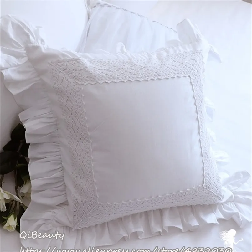 Flounced Embedded Lace White Satin Pure Cotton Cushion Cover Pillow Cover/Pillow 220402