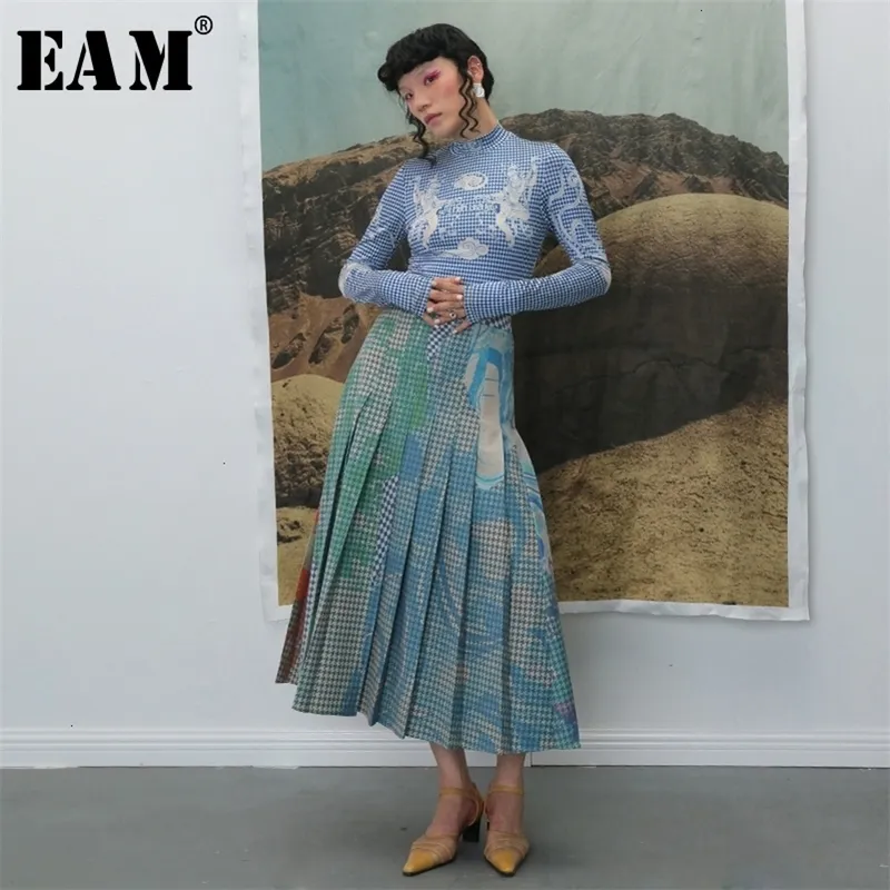 EAM haute taille élastique plissée à carreaux imprimé contraste couleur demi-corps jupe femmes mode printemps automne 1B741 210306