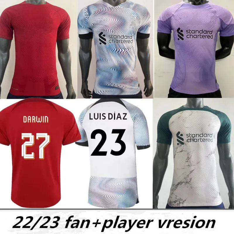 Jogador Versão 2022 2022 Jerseys de futebol Versão de fãs Home Red Darwin Luis Diaz Away Branco Terceiro Kit Kids Top Tailândia Mohamed Goletyeper Futebol Circhas 22/23