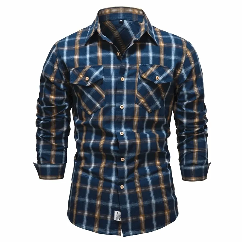 Aiopeson våren 100% bomull plaid skjortor för män lyxig social klänning skjorta långärmad rutig s kläder 220330