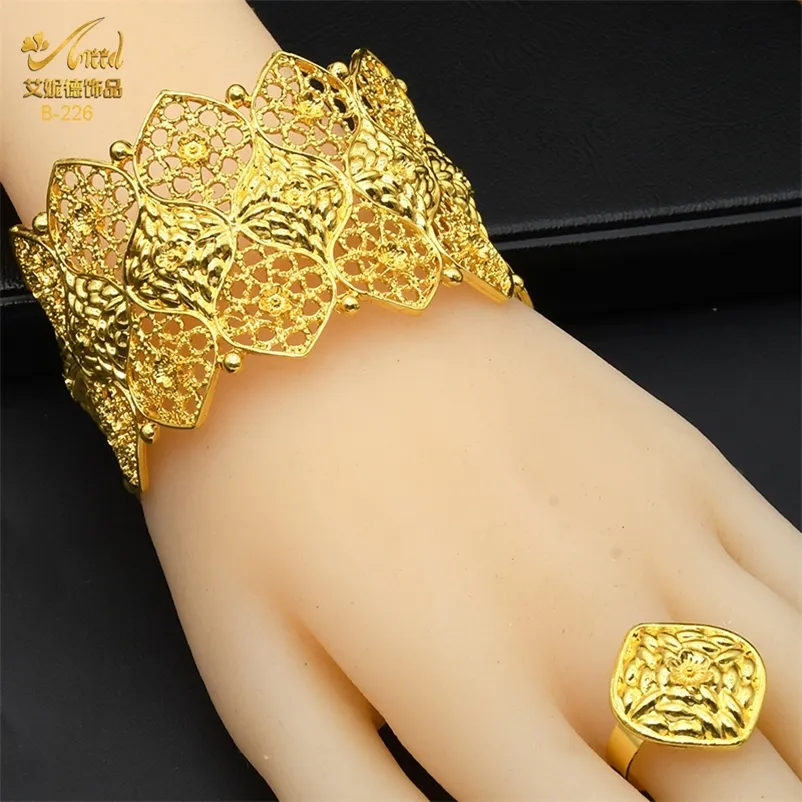 Aniid Dubai Gold Mankiet Banles z pierścieniem Nigerian Wedding Bridal Bangle Charm Bracelets Hurtowe prezenty 220726