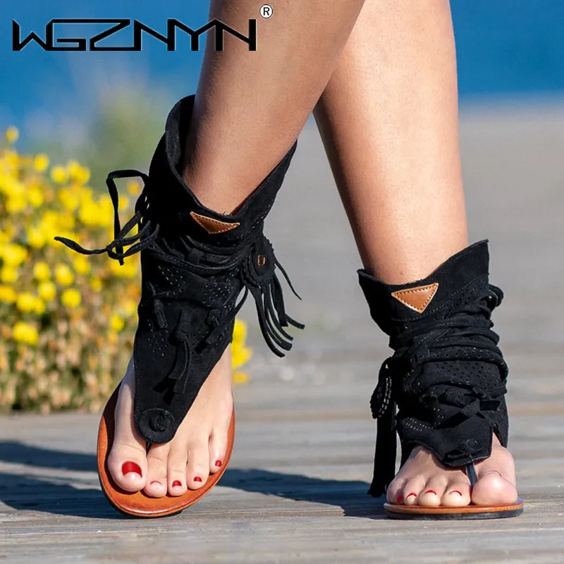 Wgznyn Summer Buty Płaskie Sandały Kobiety Sexy Tassel Pani Rzym Sandały Buty Kostki Płaskie Klapki Buty Lato Dla Kobiet 220421