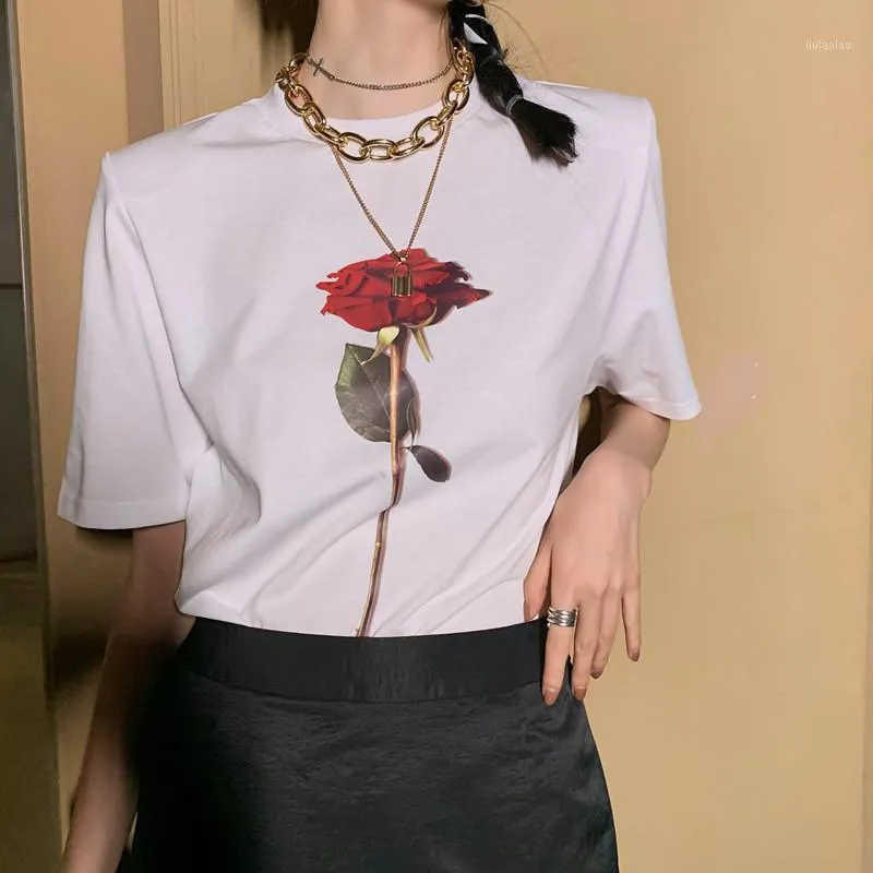 장미 꽃 어깨 패드 반팔 여성 티셔츠 2022 인쇄 된 코튼 라운드 넥 스트레이트 캐주얼 모든 일치 탑