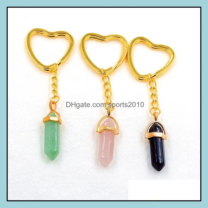 gold hexagon prism reiki healing natural stone keychains chakra amethyst pink rose crystal heart key rings keyrings women m sports2010