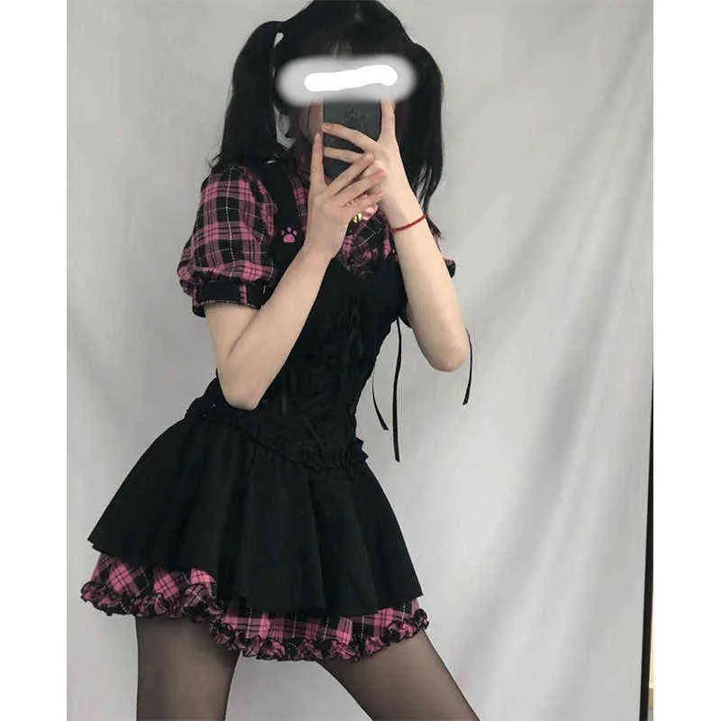 Vestidos De Emo De Verão Para Mulheres Xadrez Gótico Alt Kawaii