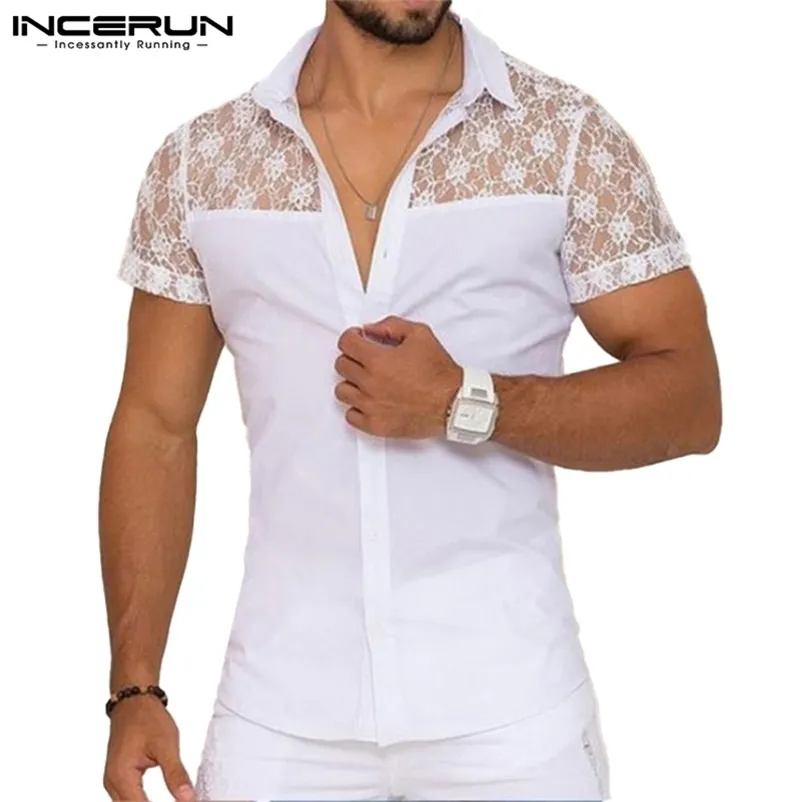 Camicia da uomo in pizzo maglia patchwork bavero manica corta streetwear vedere attraverso camicette sexy estate festa uomo abbigliamento INCERUN 7 220801