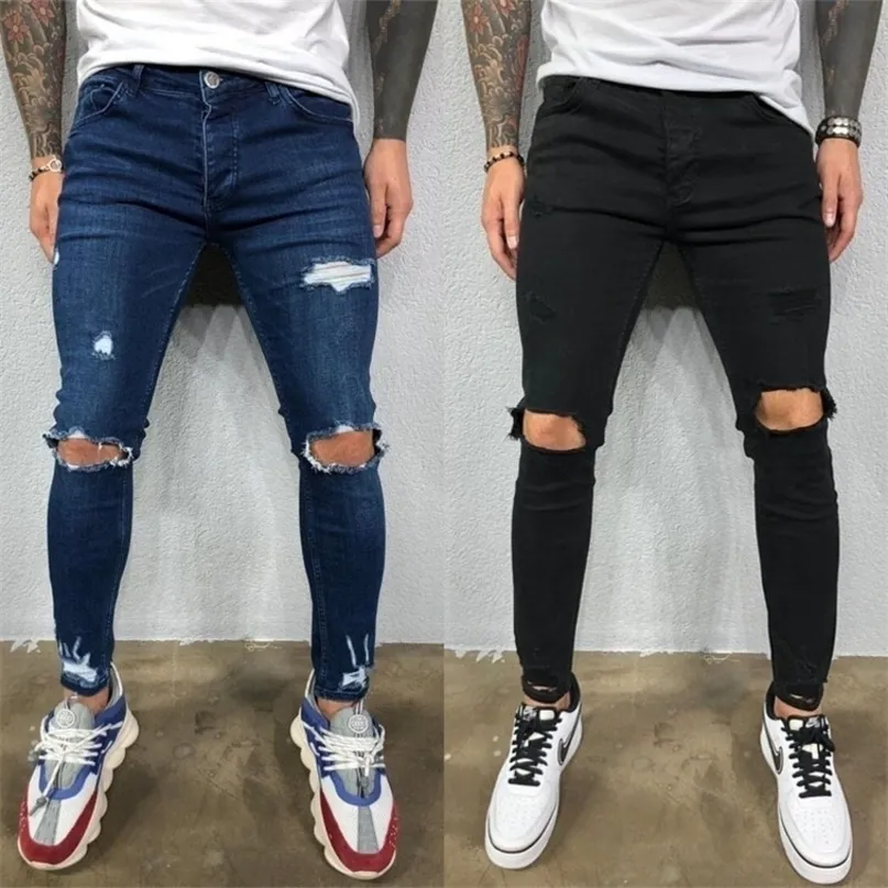 Mens jeans svart blå cool skinny rippad stretch smal elastiska denim byxor stor storlek för manlig vår sommar höst hip hop 220328