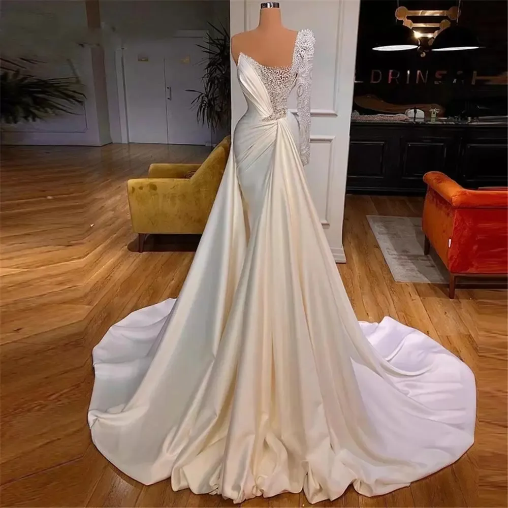 Long Sleeves Satin Bridal Pantsuit Fitted Luxury Beading Illusion