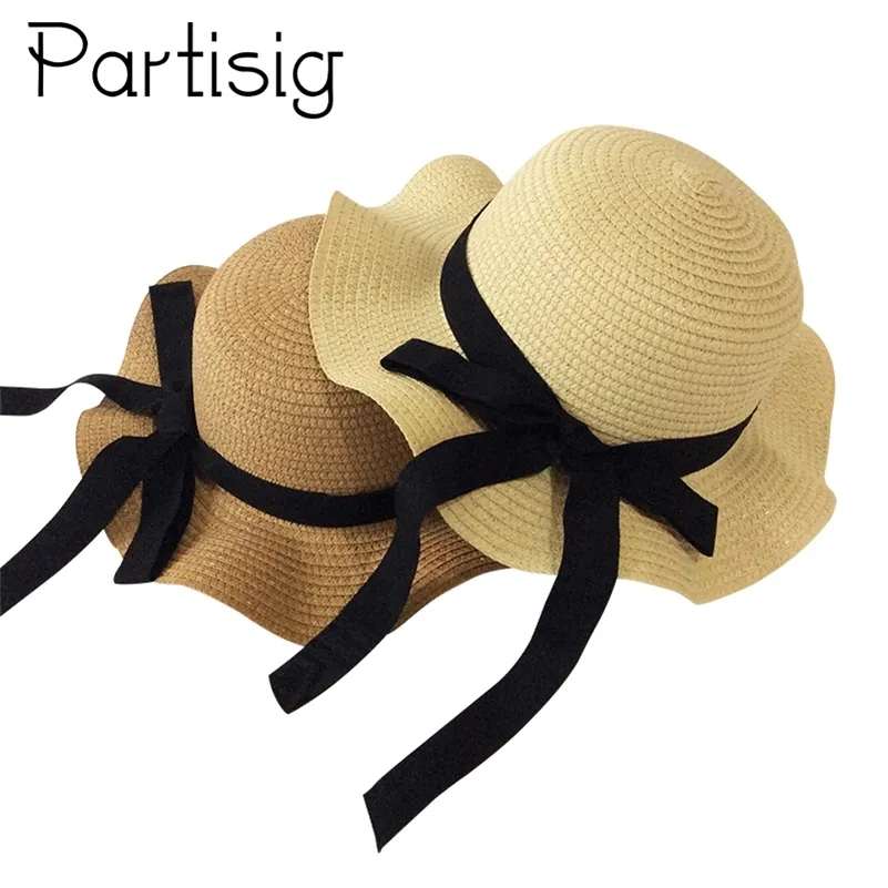 Girls Summer Cap Black Ribbon Decorate Wavy Straw Hat For Children Panama Kids Sun Baby Beach s 220630