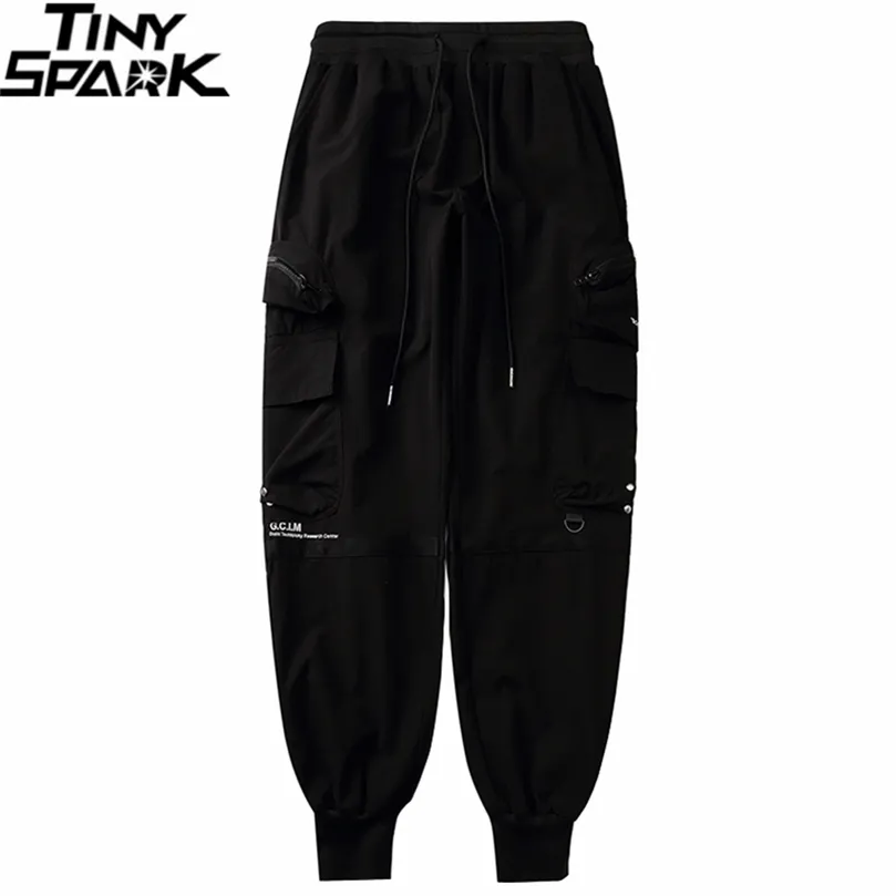 Hip Hop workowate joggery spodnie Mężczyznki Streetwear Spodnie Pieki boczne Pockets Harajuku harem spodnie czarne swobodne spodnie Hipster 201128