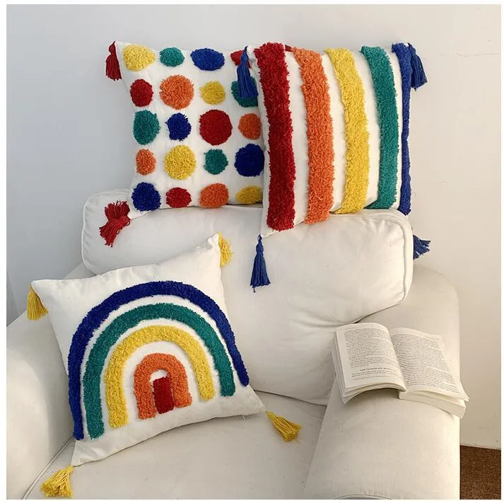 Throw Pillow Cover Boho Rainbow Decorative Pillow Case 18X18 Inch Playroom Nursery Couch Sofa Bedroom Kids Room Decoration Pillowcase