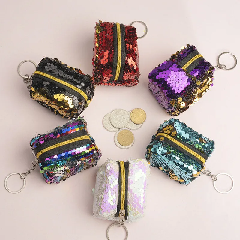 Sequin Keychain Kids Coin Purse Two-tone Sequins Mini Wallet Women Girls Cute Change Pocket Fashion Storage Bag Paillette Pouch Purses Gift9