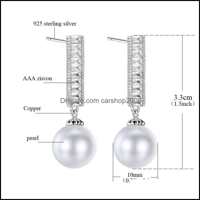 New Cubic Zirconia Pearl Teardrop Earrings Wedding Dangle Earring for Brides Women Party Jewelry Platinum Plated