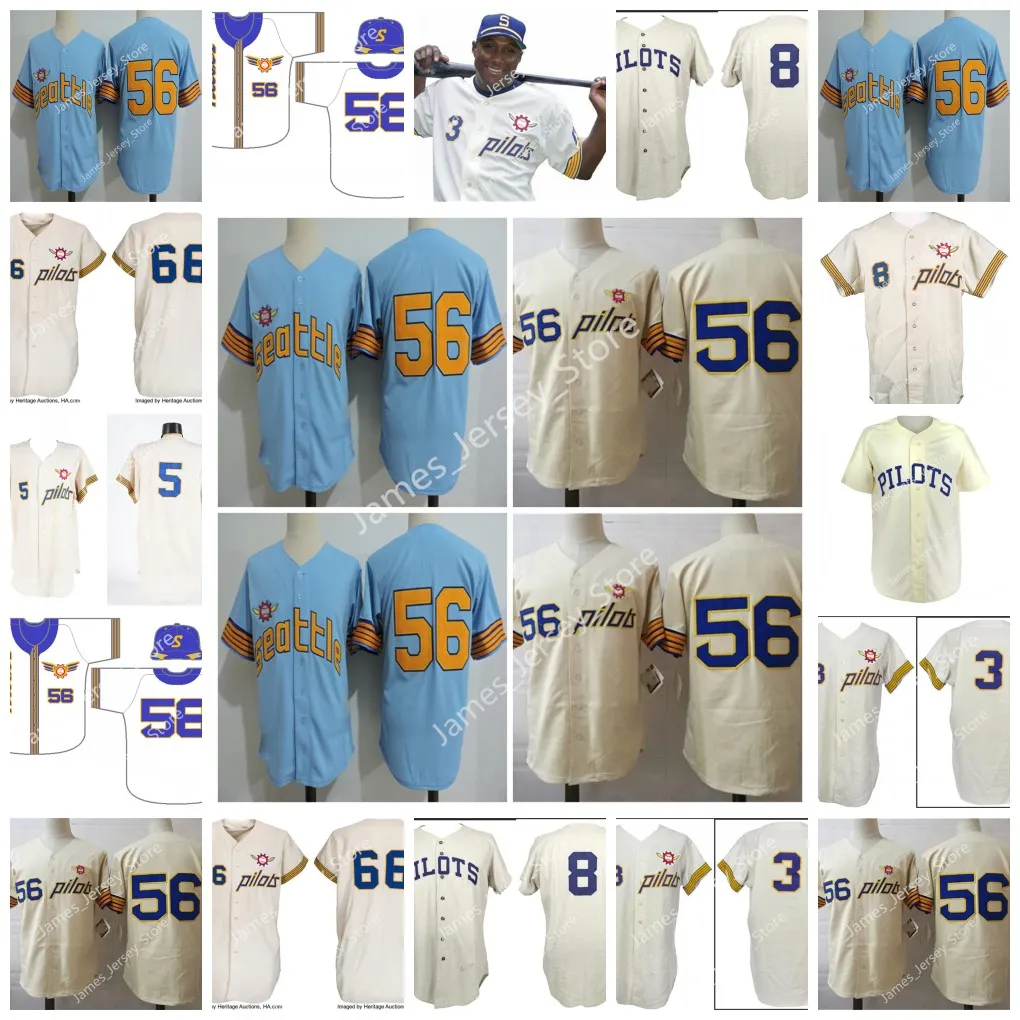 8 Mike Hegan Baseball Jersey 66 MikeHegan 3 Joe Schultz 5 Don Mincher 56 Jim Bouton سياتل بايلوتس Custom 1969 Home Cream MITCHELL NESS Cooperstown Throwback Jerseys