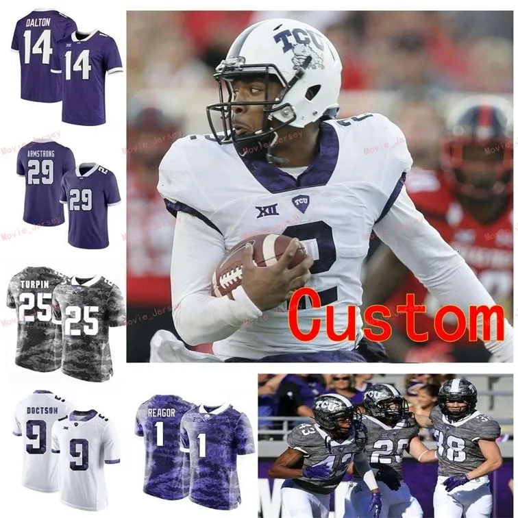 NIK1 خياطة مخصص 14 آندي دالتون 15 ماكس دوغان 16 أليكس ديلتون 18 جالين ريجور TCU Horned Frogs College Men Women Youth Jersey