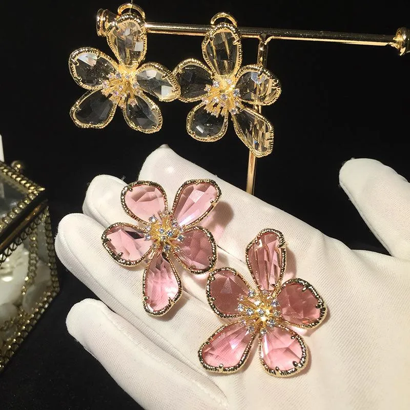 Dangle & Chandelier HandmadeINS Luxury Glass Flower Earrings Exaggerated Atmosphere Super Fairy Pink Girl Heart Temperament Trendy EarringsD