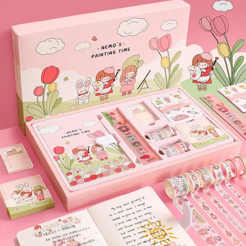 Geschenkwikkeling Leuke Washi Paper Stationery Sticker Set Girl Hart Hand Boek Notebook Student Box Scrapbooking Diarygift