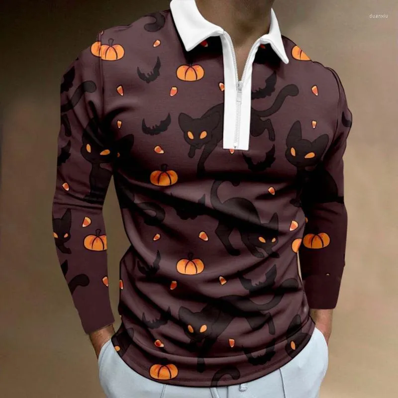 Herren Polos Männlich Casual Halloween Print Reißverschluss Umlegekragen Bluse Langarm Tops Hemd Weißes HemdHerren