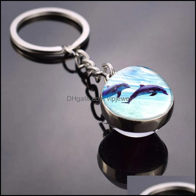Custom Key Rings Sea Animals Keychain Turtle Starfish Shark Jellyfish Dolphin Pattern Double Side Glass Ball Pendant Keyring