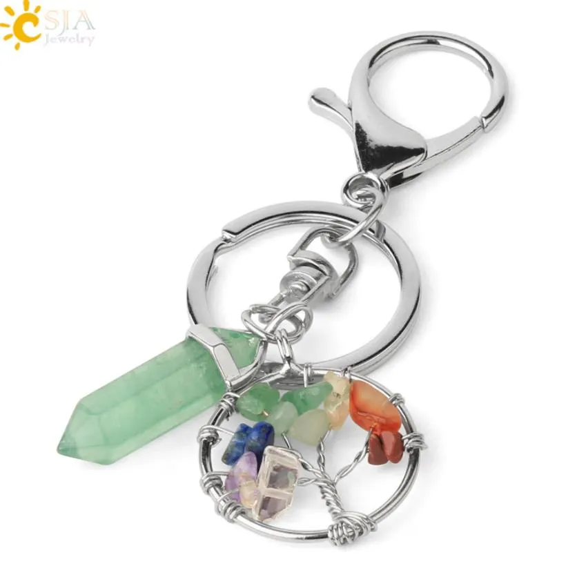 natural stone tree of life key rings green fluorite hexagonal prism keychains healing rose crystal car decor keyholder sports2010