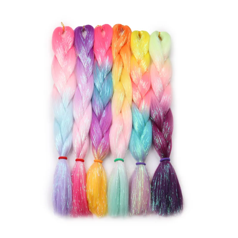 Ombre Synthetic Tinsel Braiding Hair Bulk 24Inch 100G Four Color