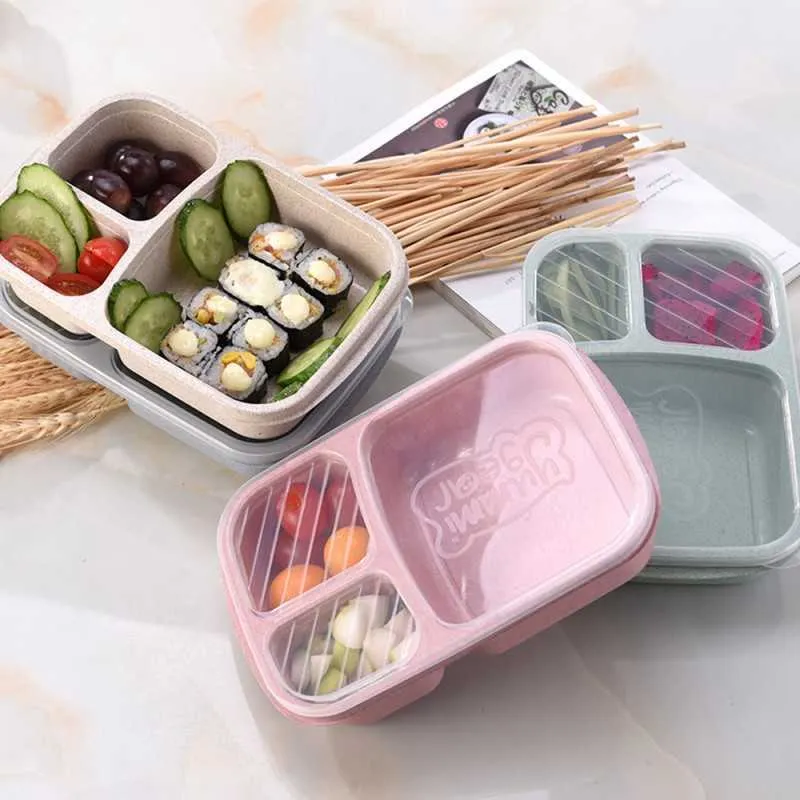 3 GRID Vete Straw Lunch Box Mikrovågsugn Bento Box Quality Health Natural Student Portable Food Storage Box Table Seary till Sea 150pcs DAP463
