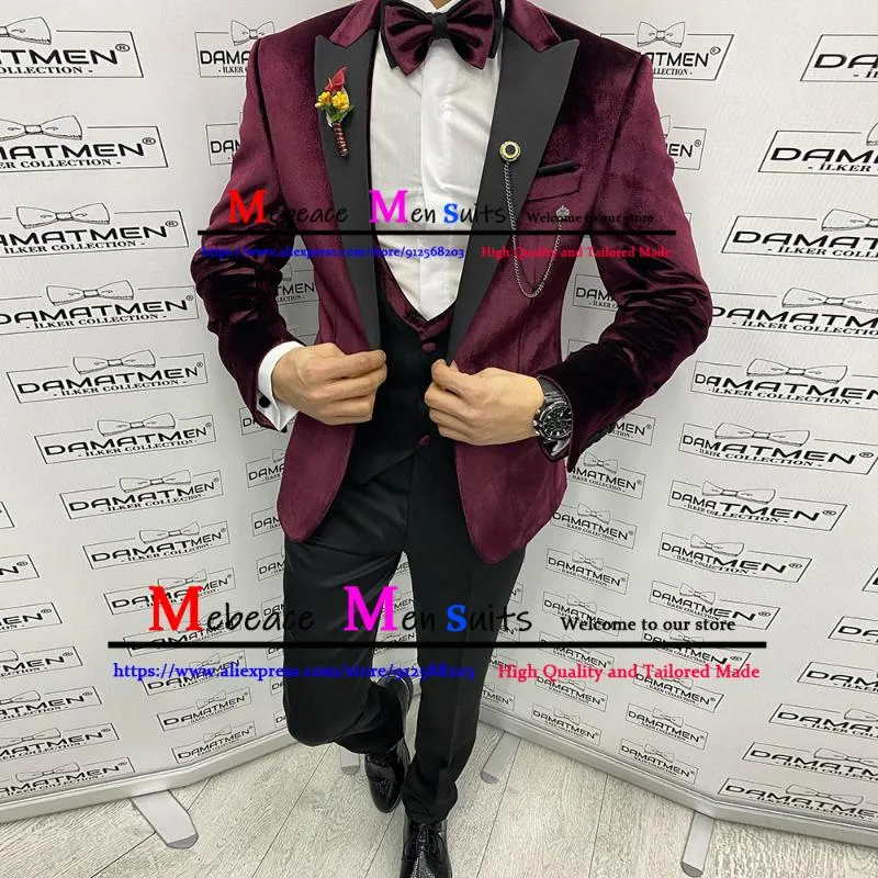 Costumes pour hommes Blazers Bourgogne Velours Blazer Gilet Pantalon Noir Slim Fit Hommes Costume De Mariage Costume Homme 3 Pièces Classique Revers Entaillé Ensemble Hommes '