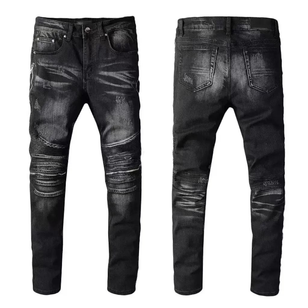 Jeans da uomo Designer Uomo Hiphop Moda Cerniera Foro Lavaggio Pantaloni Retro Strappato Piega Cuciture Design Moto Equitazione Cool Slim Pant Sky Blue Jean per Wome