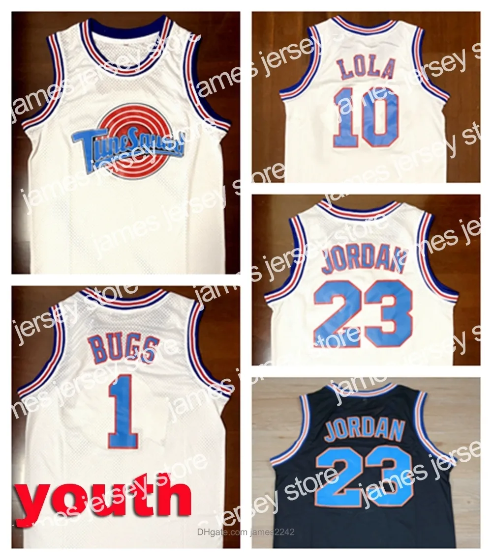 New Youth Kids Top Movie Space Jam Tune Squad Jersey 23 Michael 1 Bugs Bunny 10 Lola Maglie da basket Nero Bianco Taglia S-XL