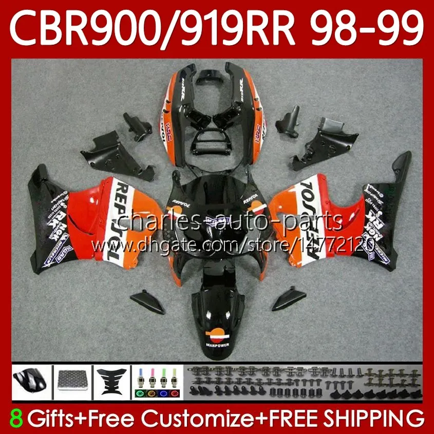 Carroçaria para Honda CBR919 CBR 900 919 RR CC Repsol Preto 98-99 anos Corpo 127No.18 CBR 919RR 900RR 919CC CBR900 RR CBR919RR 98 99 900cc CBR900RR 1998 1999 Fairings Kit