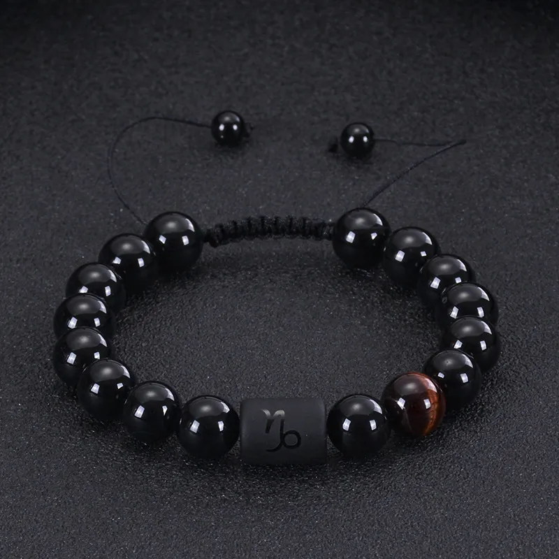 Pulseira de grânulos para homens doze constelações pulseira ajustável ágata preto tigre pedra pulseira tecida