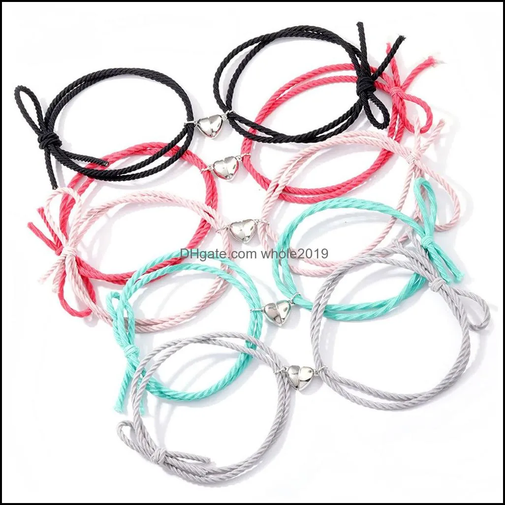 couple magnetic distance link bracelet adjustable lucky rope elastic rubber band braided heart charms bracelets lovers jewelry gifts