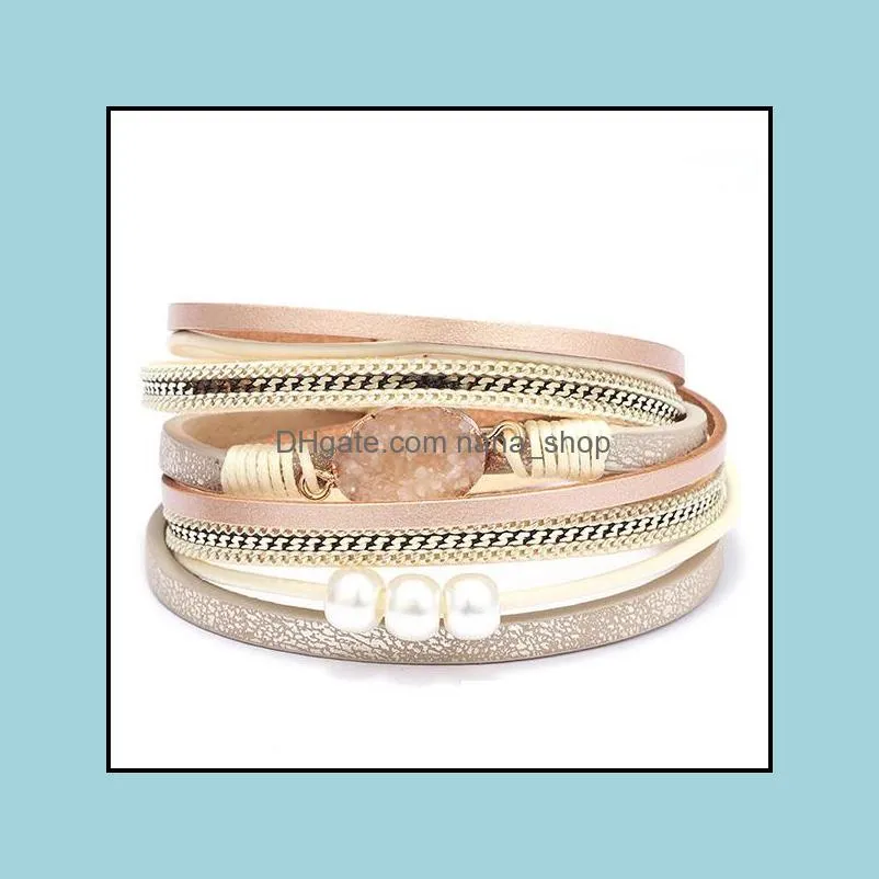 Boho Multi-Layer Leather Bracelet for Women Handmade Braided Pearl Rhinestone Wrap Bracelet Magnetic Buckle Bangle Jewelry Girls